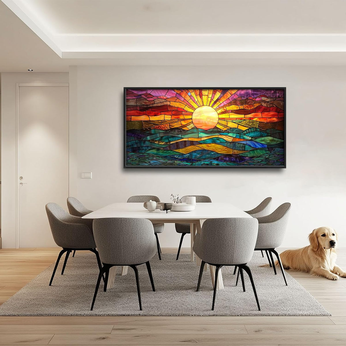 Quorin Boho Sun Large Wall Art Colorful Pictures Abstract Geometric Sun Sunset Sea Wall Decor Modern Canvas Print Painting Artwork for Dining Room Living Room Bedroom 60L x 30W
