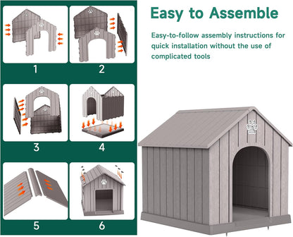 DRATO Indoor Outdoor Waterproof Dog House,PP Material,Puppy Shelter with Air Vents and Elevated Floor,Sturdy Dog Kennel for Small to Large Sized Dogs, Easy to Assemble (Gray, 38.62×36.26×38.07 Inches)