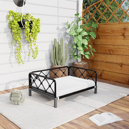 Elevated Indoor & Outdoor Dog Bed for Small Dogs, Durable Rattan Wicker Pet Sofa with Removable Washable Waterproof Cushion, Stylish Dog Couch, Black Rattan/White Mat