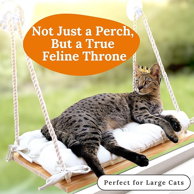 Cat Window Perch for Large Cats - Hammock Bed for Heavy Indoor Cats - Solid Wood Seat, 5 Strong Suction Cups, Soft Cushion - Rustic Shelf for Pets Inside