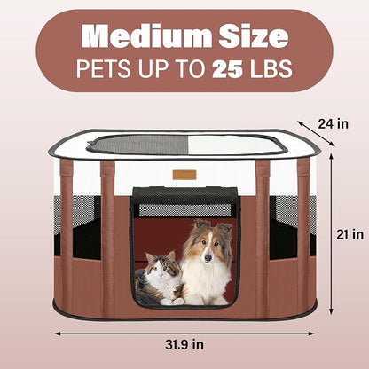 Dog Playpen - Foldable Cat Play Pens for Pubby, Kitten, Rabbit, Portable Pet Tent with Carring Bag for Indoor/Outdoor Travel Camping (Brown-Medium)