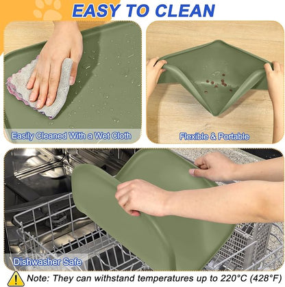 SMILOOL Waterproof Silicone Pet Food Mat with Raised Edge for Dog & Cat | 24" x 16" Non-Slip Pet Feeding Mats with Lip for Food & Water Bowl, Food Grade, Easy Cleaning, Light Olive Green