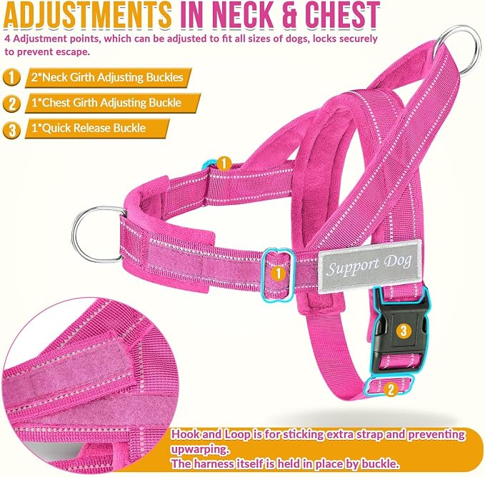 SlowTon No Pull Dog Harness with Front Clip - Heavy Duty, Soft Padded | Neck & Chest Adjustable, Tactical Pet Vest and Leash Set for Large Medium Sized Dogs, for Easy Walk & Training, Fuchsia M