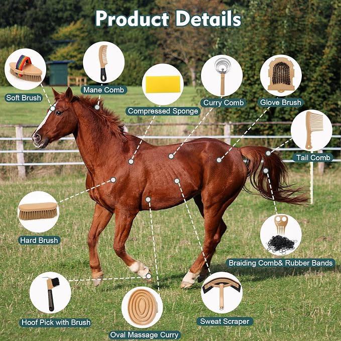 Horse Grooming Kit for Bathing, 13Pcs Horse-Brush Set with Mesh Bag, Shower Brushes, Braiding and Curry Comb, Sweat Scraper, Hoof Pick, Shedding Massaging Tool Supplies for Riders Beginners