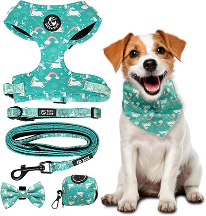 No Pull Harness and Leash Set - 6-in-1 Adjustable Vest Harness and Collars for Medium and Large Dogs. (Tile Unicorn, Extra Small)