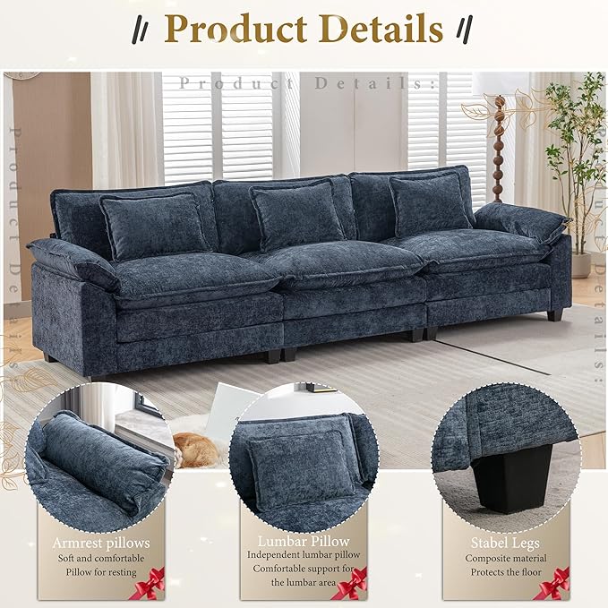 URRED Modular Sectional Sofa Comfy Cloud Couch, Modern Chenille Sofa Sleeper Deep Seat Couches with Ottoman/Pillows for Living Room (Blue, 117'')