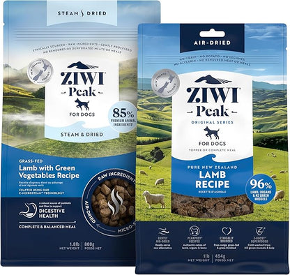 ZIWI Peak Lamb Dry Dog Food Bundle- Steam & Dried Lamb w/Vegetables (28.8oz) + Air-Dried Lamb (16oz)