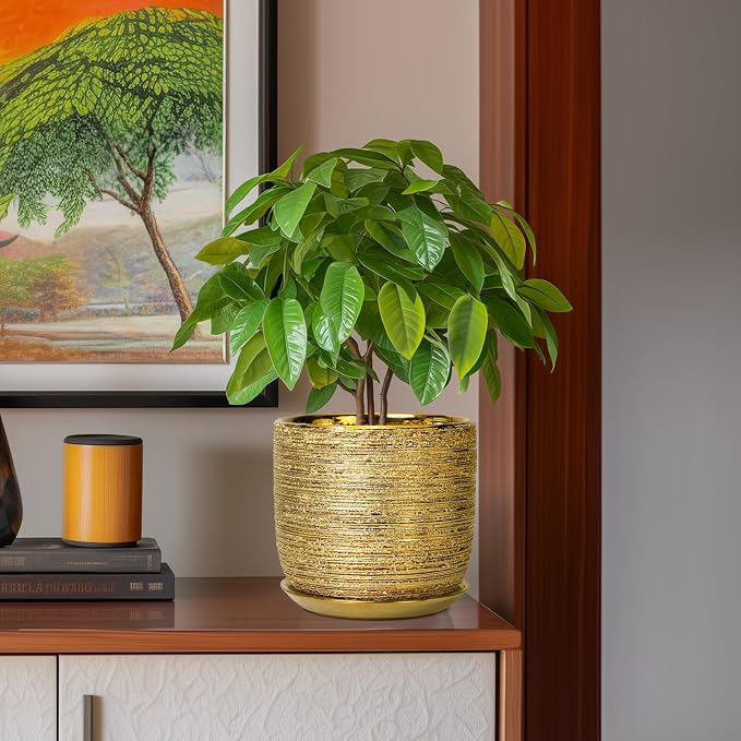 8 Inch Plant Pot - Ceramic Planter with Drainage Hole and Saucer, Modern Round Planter for Indoor Flowers, Gifts for Plant Lovers, Home House Office Room Decor, Gold