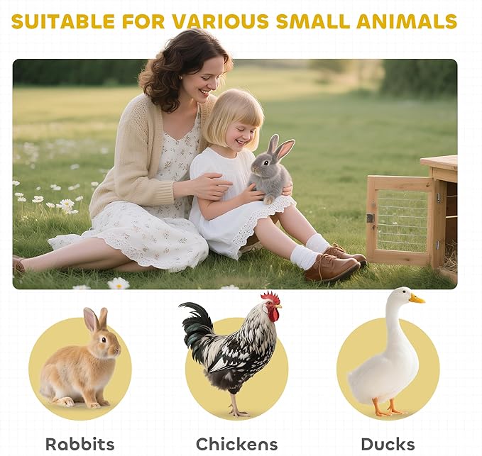 PawHut Rabbit Hutch, Outdoor Rabbit Cage or Guinea Pig Cage with Asphalt Roof, Handle, Wheels, 64 Inch Wooden Bunny Cage for Rabbits, Chickens, Ducks, Small Animals, Multicolor