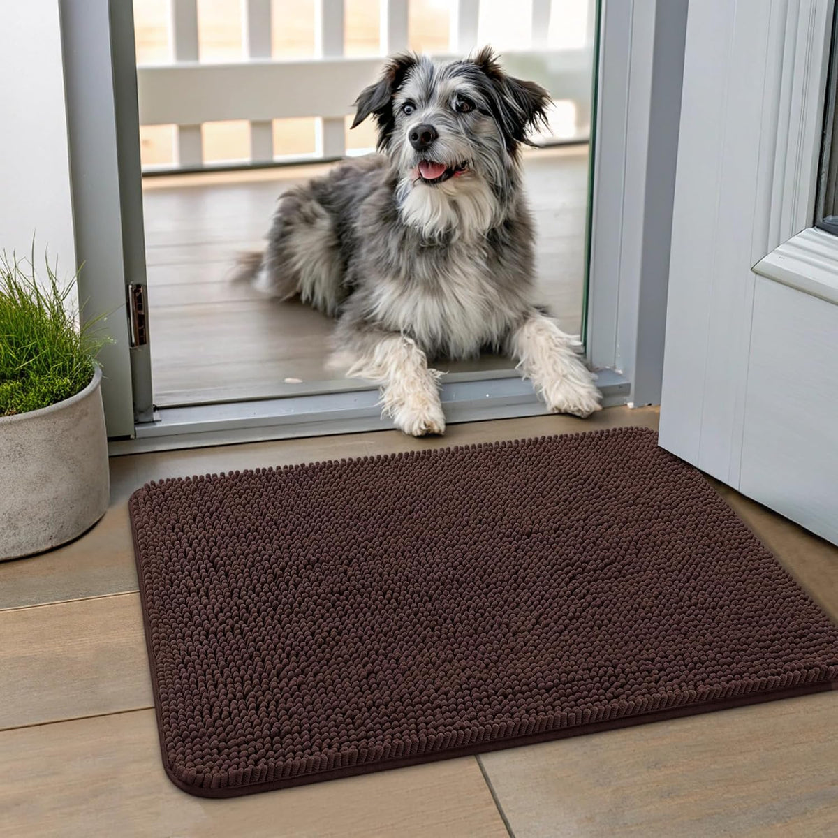 Smiry Dog Door Mat for Muddy Paws 24x16, Absorbs Moisture and Dirt Doormat, Non-Slip Washable Quick Dry Chenille Front Door Mat Indoor Entrance, Entryway Carpet for Inside Floor, Brown