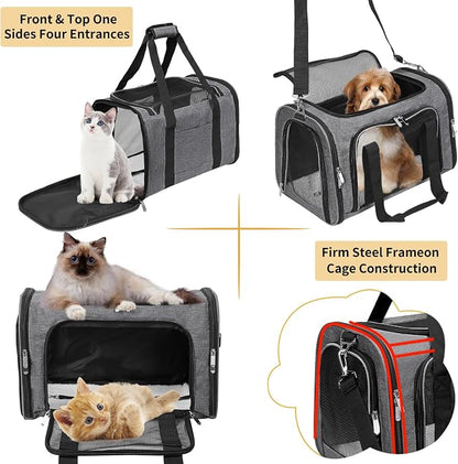 Soft-Sided Cat/Dog/Pet Carrier, Collapsible Pets Travel Carriers for Big Cats/Small Dogs with Shoulder Strap & Removable Mat, Mesh Puppy Carry Bag, Up to 16 Lbs, TSA Airline Approved(Dark Grey)
