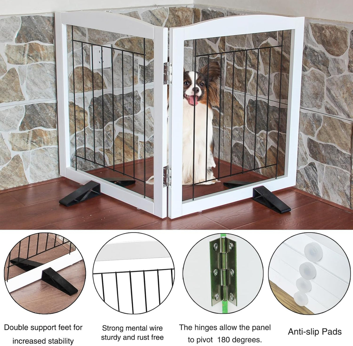 ZJSF Freestanding Dog Fence Indoor, Foldable Dog Gate for Doorways, Stairs or Hallways, Sturdy Wood Extra Wide Pet Gate with Support Feet for The House, White, 24 "Height-2 Panels