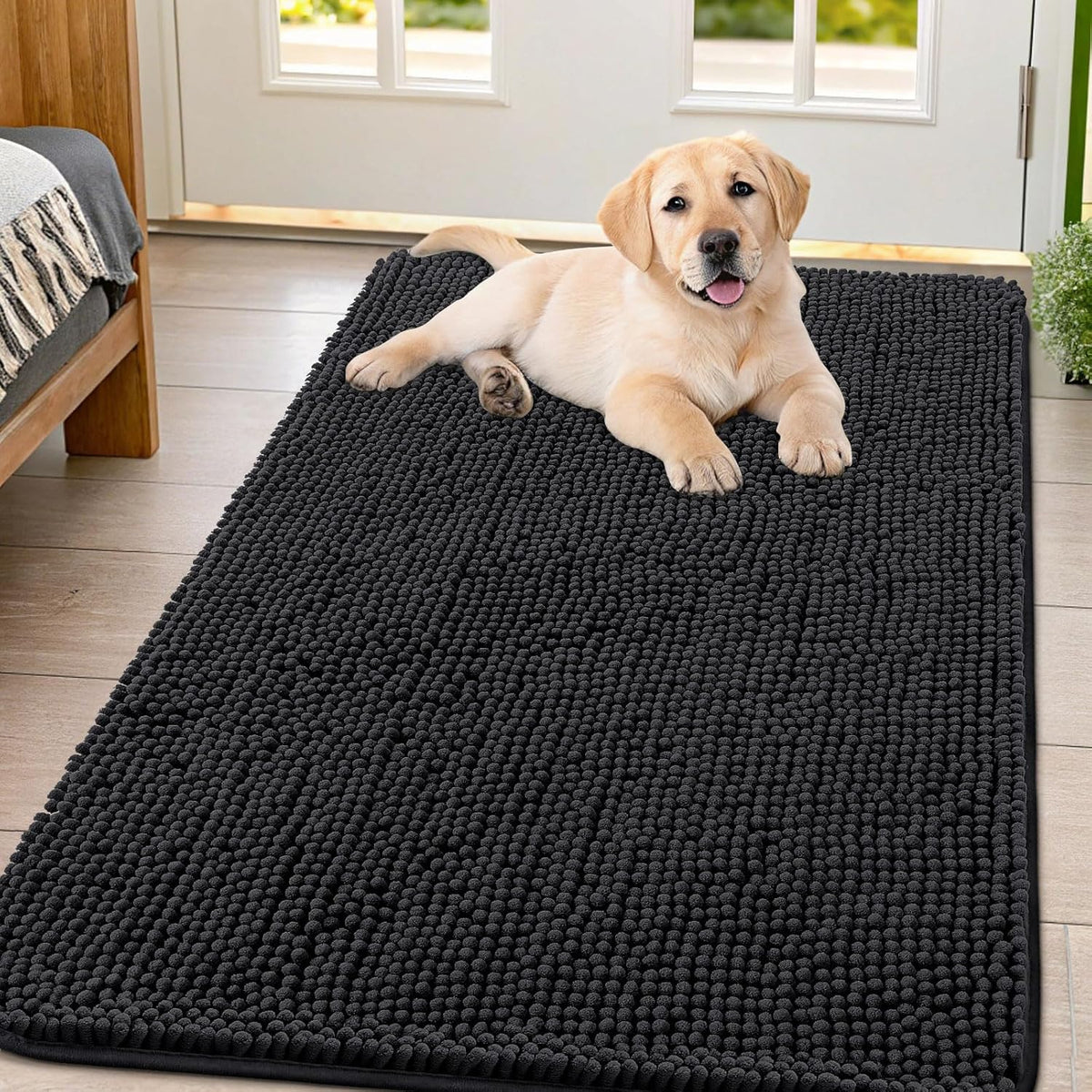 Smiry Dog Door Mat for Muddy Paws 47x32, Absorbs Moisture and Dirt Doormat, Non-Slip Washable Quick Dry Chenille Front Door Mat Indoor Entrance, Entryway Carpet for Inside Floor, Black
