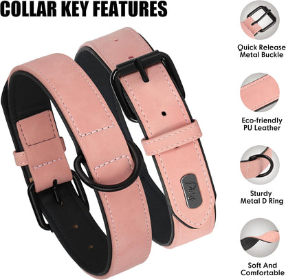 Didog Soft Padded PU Leather Dog Collar, Breathable and Adjustable Pink Dog Collar for Large Dogs, Comfortable for Daily Walk Pink, XL Fit Neck 17-21"(44-71 lbs)