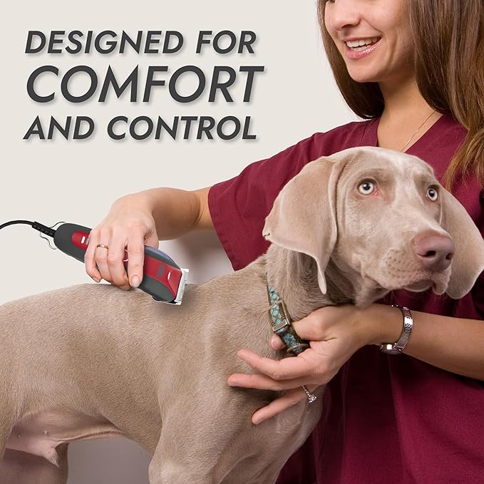 KONG 2-Speed Dog Clipper Grooming Kit – Stainless Steel Blade, Waterproof, LED Spotlight, 6 Guide Combs, 8-Foot Cord, Ergonomic Handle – Red/Gray, Medium Coat Types