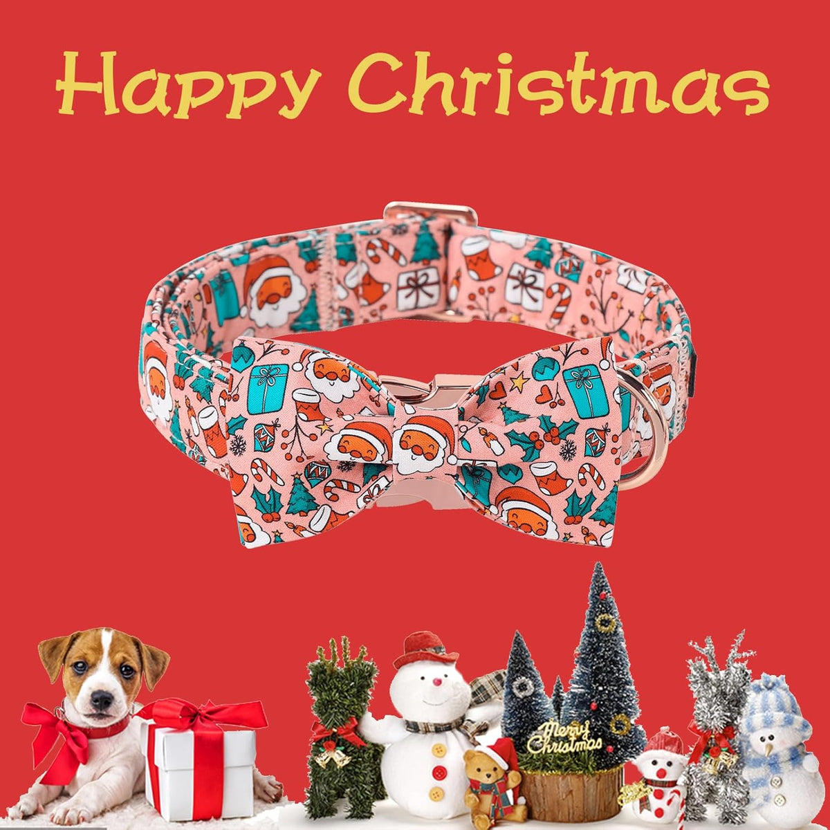 Unique Style Paws Christmas Day Dog Collar with Bow Pink Christmas Man Cotton Puppy Collars for Small Medium Large Dogs