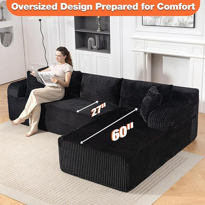 TonghuaS 106” Cloud Modular Sectional Sofa with L-Shape Chaise and Deep Seat, Corduroy Memory Foam Boneless Compressed Couch for Living Room, No Assembly Required(Left Facing Chaise, Black)