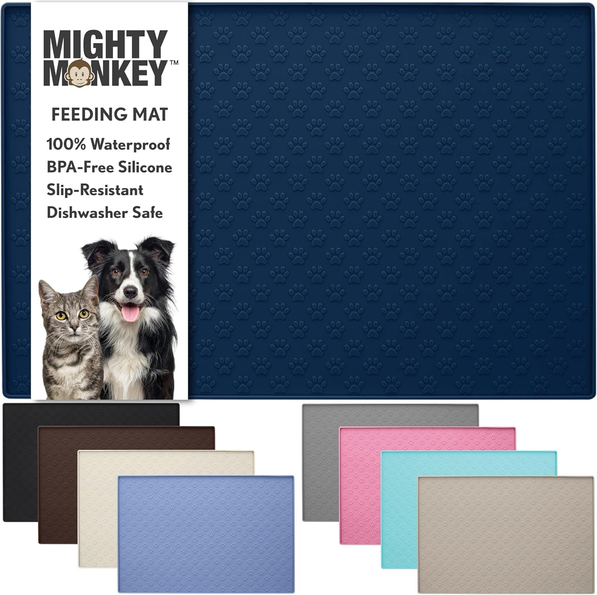 MIGHTY MONKEY 100% Waterproof Dog Food Mat, Raised Edges Silicone Pet Feeding Placemat for Cat, Dogs, Pet Bowls, High Lipped Tray Prevents Water Spills, Food on Floor, Dishwasher Safe, 24x16, Navy