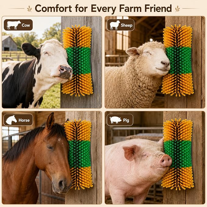Bionic Curve Livestock Scratching Brush for Cattle, Cows, Goats, Horses and Pigs - Body-Contoured Farm Animal Scratcher Post, Heavy Duty Livestock Grooming Brush with 4 Screws, 1 Pack