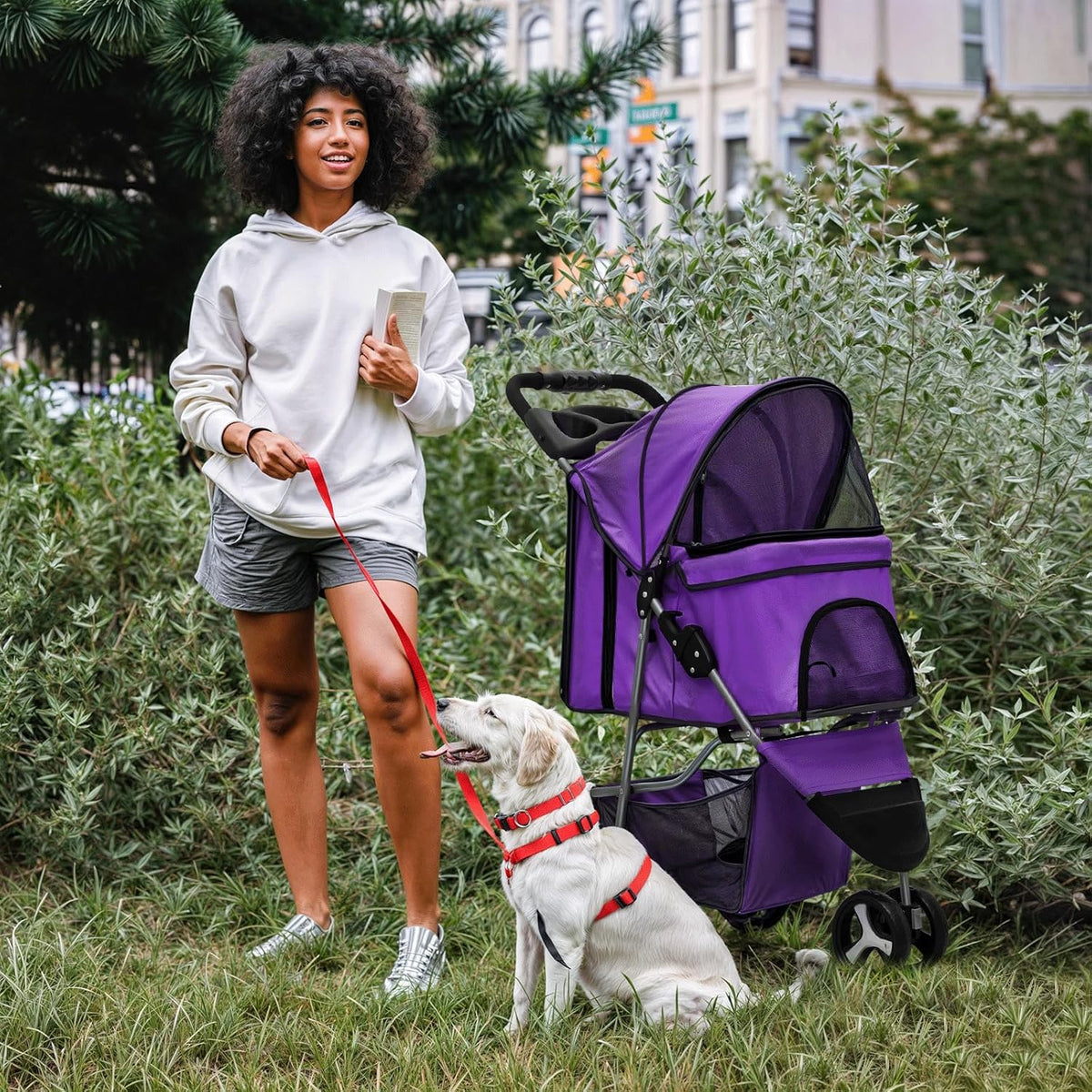 MoNiBloom 3 Wheels Pet Dog Cat Stroller for Small Medium Dogs Cats, Lightweight Foldable Jogger Stroller w/Storage Basket and Cup Holder, Purple