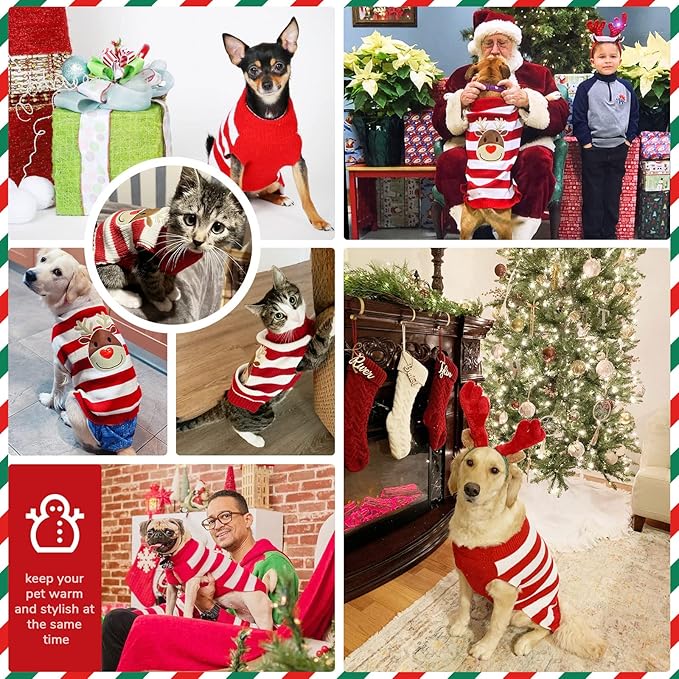 PETCARE Reindeer Christmas Dog Sweater Red Striped Cat Sweater Cartoon Elk Pet Vest Holiday Dog Clothes Puppy Sweaters for Small Medium Large Dogs Cats Fall Winter Outfits Xmas Dogs Costume,XX-Small