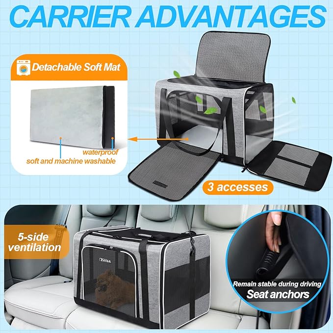 Petskd Extra Large Pet Carrier 24"x17"x17" for Large Cat or Medium Dog, Collapsible Soft Sided Dog cat Carrier for Long Trips with Lockable Safety Zippers(Grey)