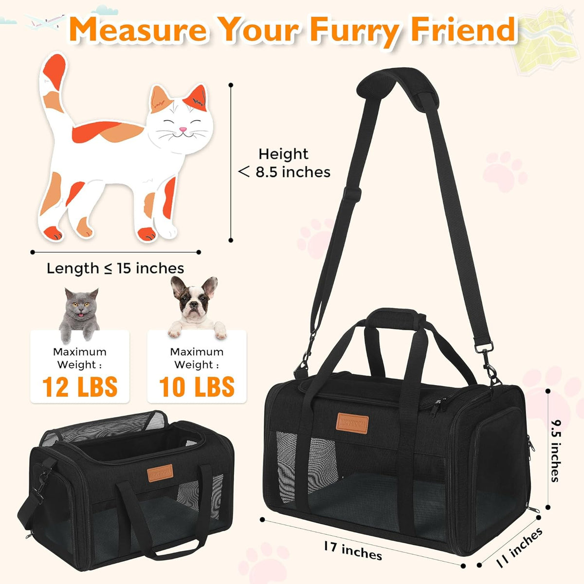 PETUX TSA Approved Pet Carrier in Cabin, 17"x11"x9.5" Soft Cat Carriers for Small Cat up to 12 lb and Puppy up to 10 lb, Top Open Portable Pet Carrier Airline Approved for Travel and Vet Visit (Black)