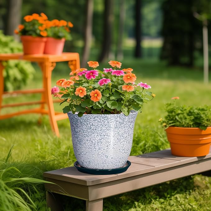 Ceramic Planter - 10 Inch Plant Pot for Indoor Outdoor, Round Planter with Drainage Hole and Plant Tray, Large Decorative Planters, Modern Flower Pot, Home Room Decor, Gardening Gift, Green