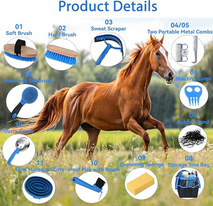 13 Piece Horse Grooming Kit, Horse Brushes for Grooming Supplies with Portable Bag, Horse Brush Set & Curry Comb for Effective Bathing and Massaging, Gift for Horses Riders Beginners (Blue)