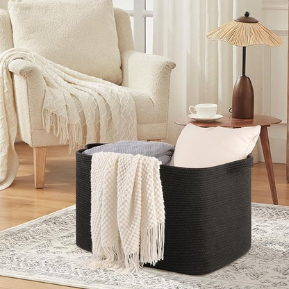 118L Extra Large Blanket Basket, 24.8" x 17.7" x 17.2" Woven Storage Basket for Living Room, Rectangle Nursery Blanket Storage for Toys, Towels, Dirty Clothes (Black)