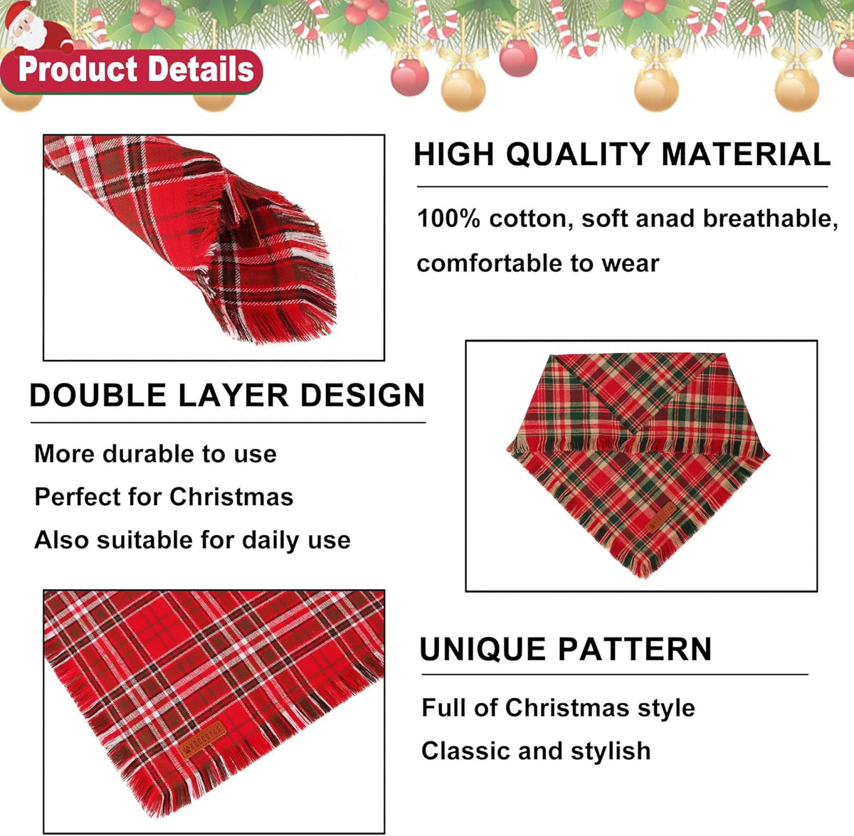 ADOGGYGO Christmas Dog Bandanas with Tassels Edges, Stylish Red Plaid Xmas Scarf, Multiple Sizes, Christmas Bandanas for Extra Large Dogs (X-Large)