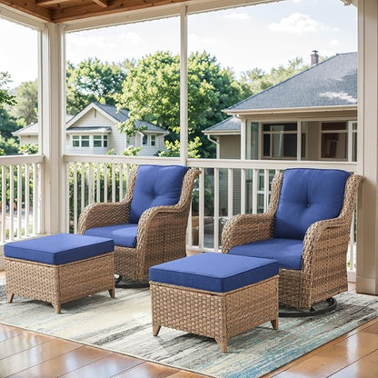 Belord 4 Pieces Patio Furniture Sets, Wicker Patio Swivel Glider Chair with Ottomans, Outdoor Furniture Set for Outside Porch, Deck, Balcony, Garden, Yellow