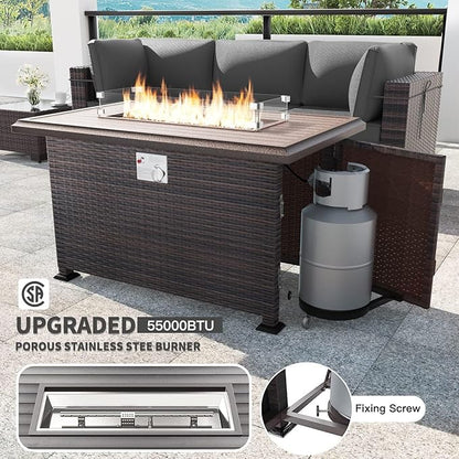Kullavik 8 Pieces Outdoor Patio Furniture Set,Sectional Sofa Set with 43" 55000 BTU Gas Propane Fire Pit Table,Brown PE Rattan Wicker Patio Conversation Set,Grey