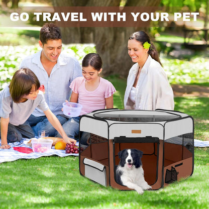 Dog Playpen, Portable Pet Play Pen for Cat, Puppies, Rabbits, Chickens, Foldable Large-Capacity Pet Tent for Indoor/Outdoor Travel Camping Brown