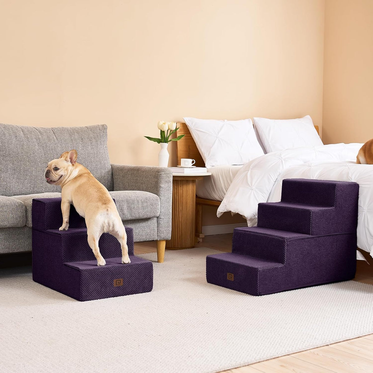EHEYCIGA Dog Stairs for Bed 20" H, 4-Step Extra Wide Dog Steps for High Bed, Pet Steps for Small Dogs and Cats, Non-Slip Balanced Pet Ramp Indoor, Purple