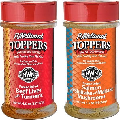 Northwest Naturals Freeze-Dried Functional Toppers - Beef Liver with Turmeric (4.5 oz), Salmon/Shiitake/Maitake Mushrooms (3.5 oz) - for Dogs and Cats, Human Grade Ingredients, All Natural
