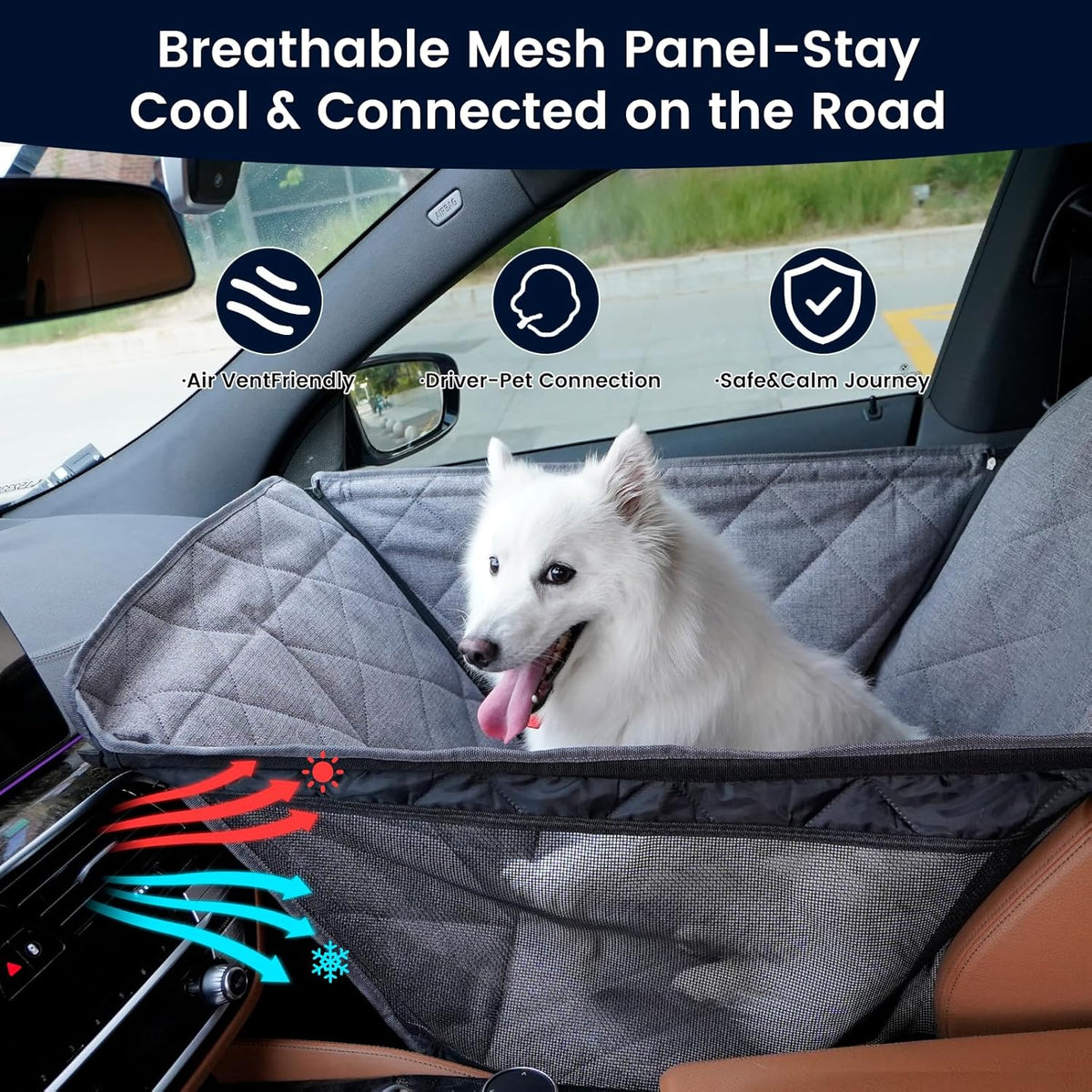 Dog Car Seat for Small/Medium Dogs with Door Protection – Full Coverage Pet Booster Seat with Mesh Window, Zippered Side Flaps, Safety Buckle, Grey Linen Fabric