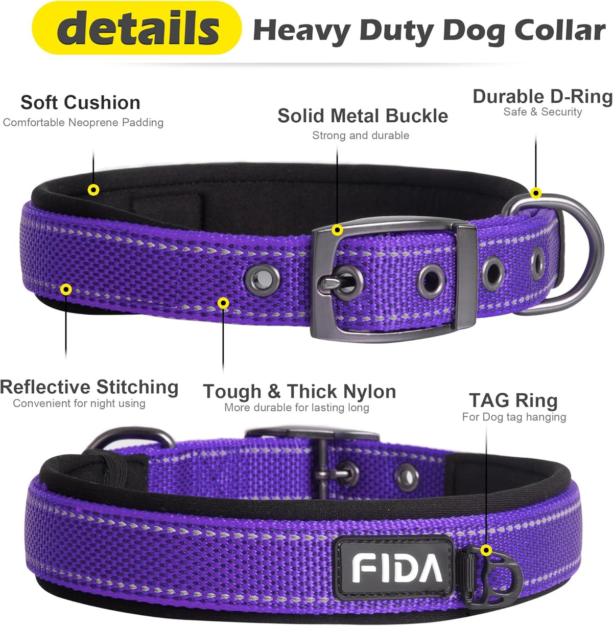 Fida Heavy Duty Dog Collar, Ultra Comfortable Soft Neoprene Padded, Adjustable Reflective Nylon Pet Collar with Durable Metal Belt Buckle for Large Breeds (L, Purple)