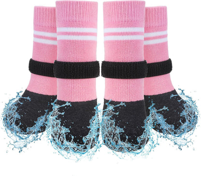 SCENEREAL Anti Slip Dog Boots & Paw Protectors for Hardwood Floor, Extended Dog Socks to Prevent Licking Paws, Waterproof Pet Snow Rain Shoe for Winter Large Senior Dogs, Pink XL