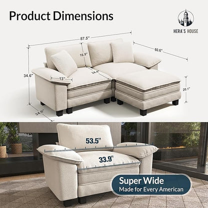 HERA'S HOUSE 88" Modular Sectional Sofa, L Shaped Couches for Living Room, Comfy Cloud Couch with Ottoman, 3-Seater Deep Seat Sofa with Throw Pillow, Chenille Beige