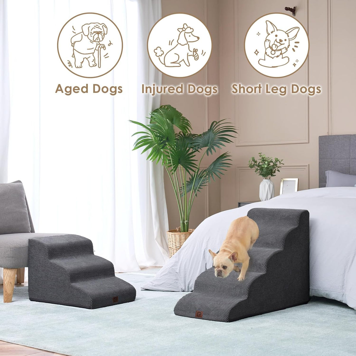 EHEYCIGA Curved Dog Stairs Ramp for High Beds 22.6" H, 5-Step Dog Steps for Small Dogs and Cats, Pet Stairs for High Bed Climbing, Non-Slip Balanced Pet Step Indoor, Grey