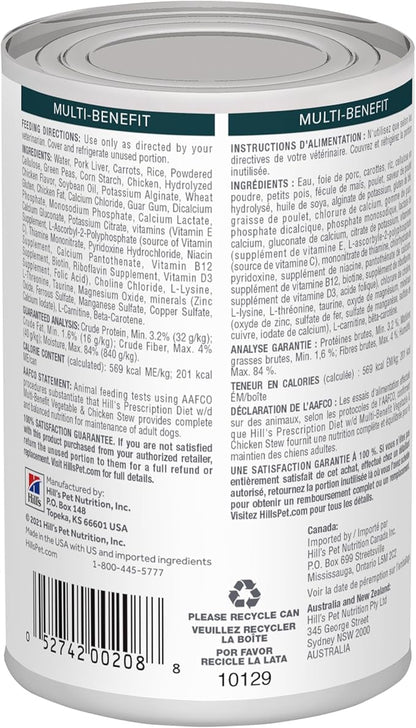 Hill's Prescription Diet w/d Multi-Benefit Digestive/Weight/Glucose/Urinary Management Vegetable & Chicken Stew Wet Dog Food, Veterinary Diet, 12.5 oz. Cans, 12-Pack