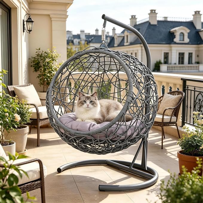Hanging Cat Swing Bed with Stand & Cushion | Rattan Wicker Egg Chair for Cats, Small Dogs & Pets, Indoor Swinging Bed, Cozy Resting Spot, Modern Design