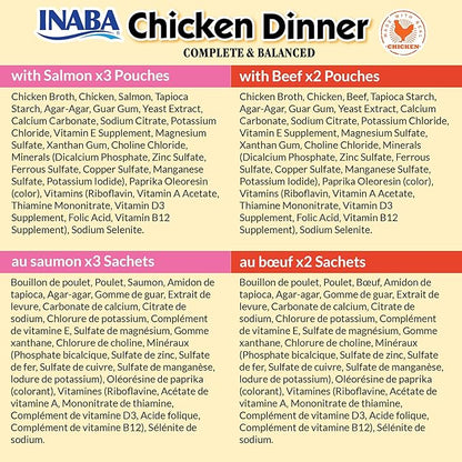 INABA Chicken Dinner for Dogs, Soft Pate Wet Dog Food, Complete & Balanced, 2.4 oz. Pouch, 15 Pouches, Salmon & Beef Variety