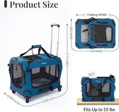 Extra Large Rolling Cat Carrier with Wheels, Soft Sided Pet Dog Carrier on Wheels for Big Cat 20lbs+ 2 Cats, Car Travel Portable XL Wheeled Bag 25"x16.5"x20.5"