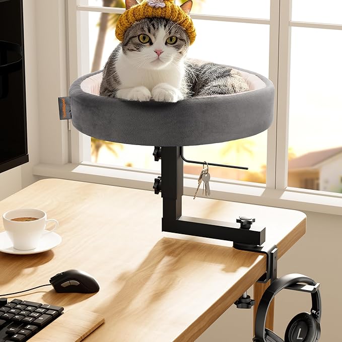 Cat Bed for Desk – Adjustable Metal Cat Bed with Headphone Holder, Scratch-Resistant Pet Shelf for Small Spaces, Modern Desk Cats Perch for Home/Office - Gray