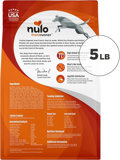 Nulo Frontrunner Ancient Grains High-Protein Dog Food, Turkey, Trout & Spelt Recipe- Natural Dry Dog Food with Probiotics, Grain-Inclusive Kibble for Adult Dogs, 5 lb Bag