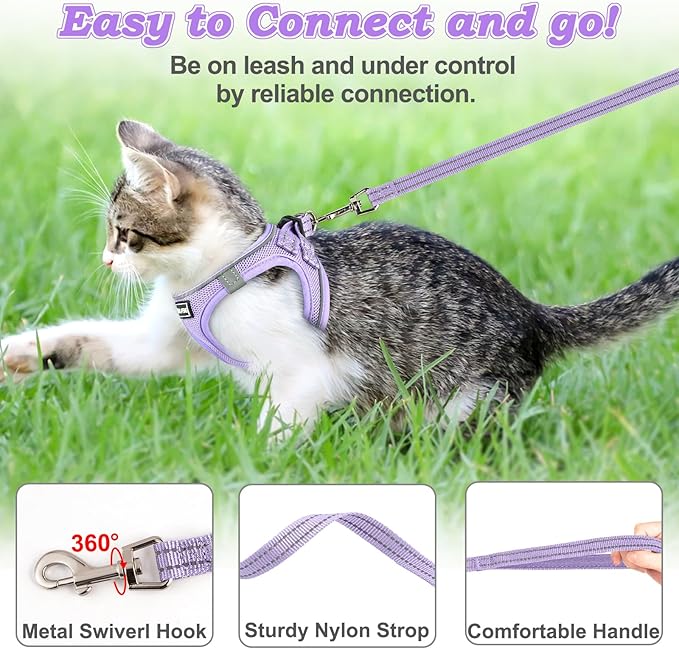 Cat Harness and Leash for Walking Escape Proof, Adjustable Kitten Vest Harness Reflective Soft Mesh Puppy Harness for Outdoor, Comfort Fit, Easy to Control (Purple, L)