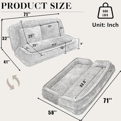 Foldable Lazy Sofa Bed, Double Human Dog Bed for Adults, Beige | Skin-friendly Breathable Soft Chenille Upholstered, 5 Adjustable Backrest Positions, 3 Soft Cushions for Living Room