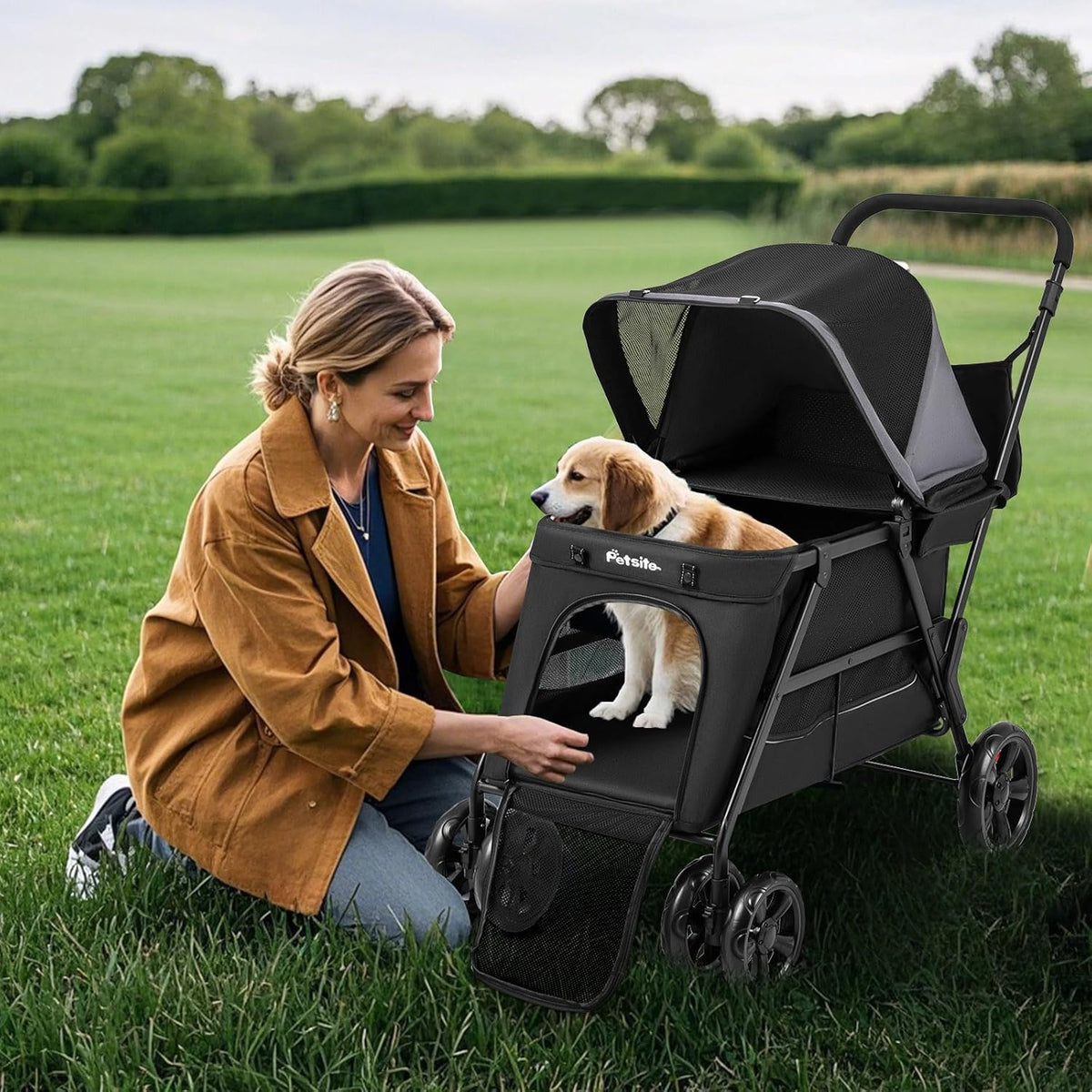 PETSITE 4 Wheels Dog Stroller, Foldable Cat Stroller with Dual Entries, Ramp, Mesh Windows, Adjustable and Detachable Canopy, and All-Terrain Wheels with Brake, Ideal for Small Medium Dogs